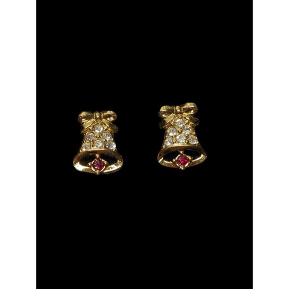 Vintage Avon Bell Seasons Greetings Earrings Pierced Studs Sparkly 1994 - Picture 2 of 6